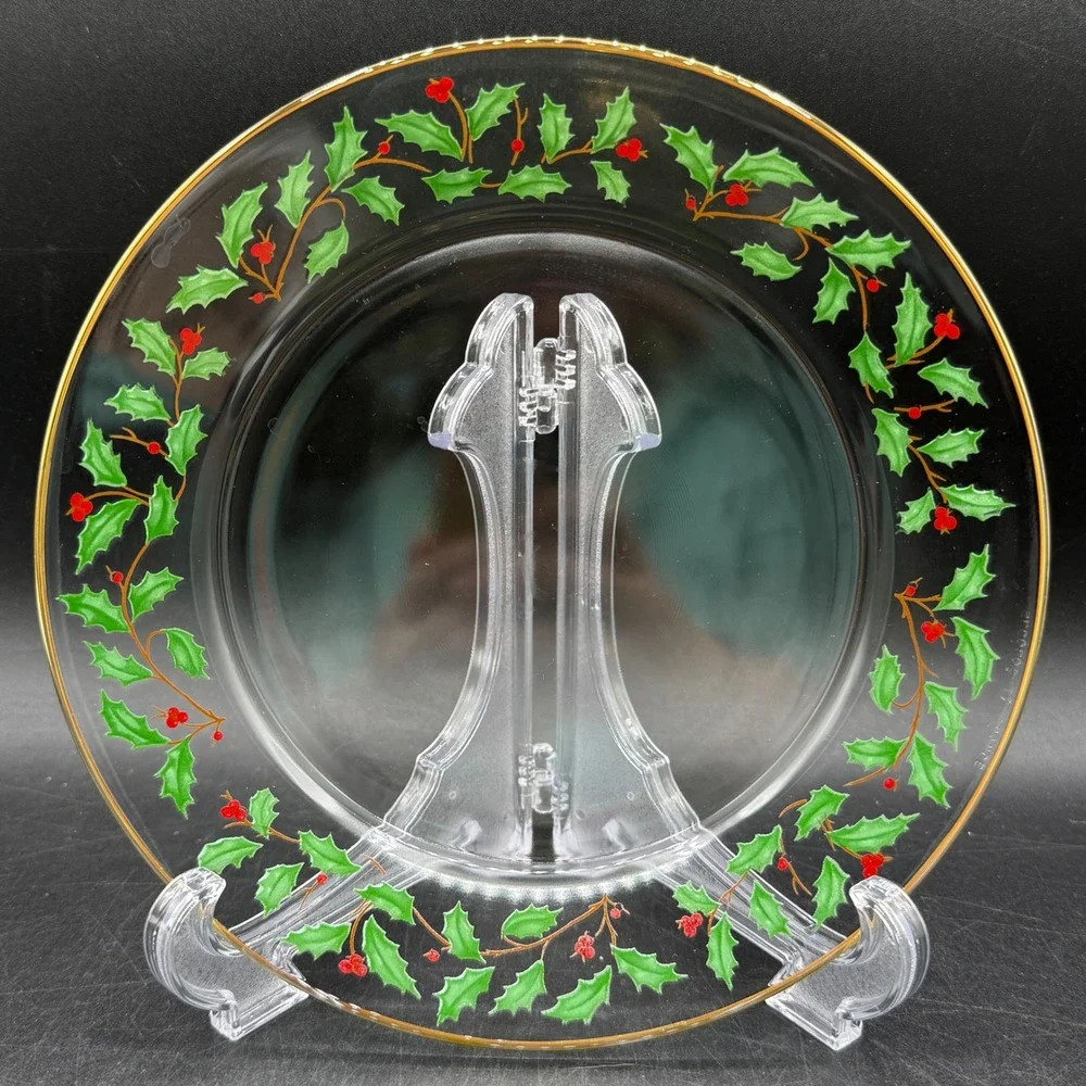 Vintage Lenox Holiday Salad Plates Set of 4 Clear Glass 8in Holly Berry Trad - Picture 2 of 6